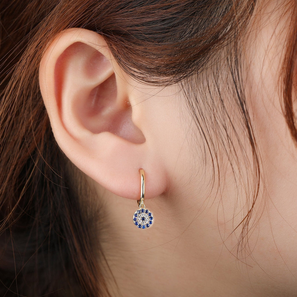 Evil Eye Charm Huggie Drop Hoop Earrings