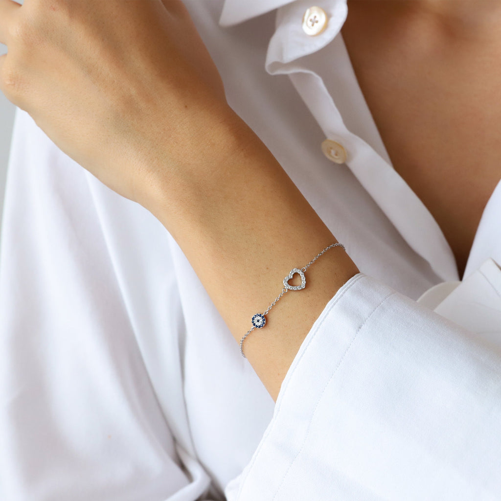 Sterling Silver Heart & Evil Eye Charm Bracelet