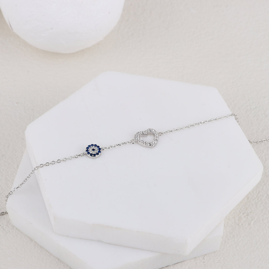 Sterling Silver Heart & Evil Eye Charm Bracelet