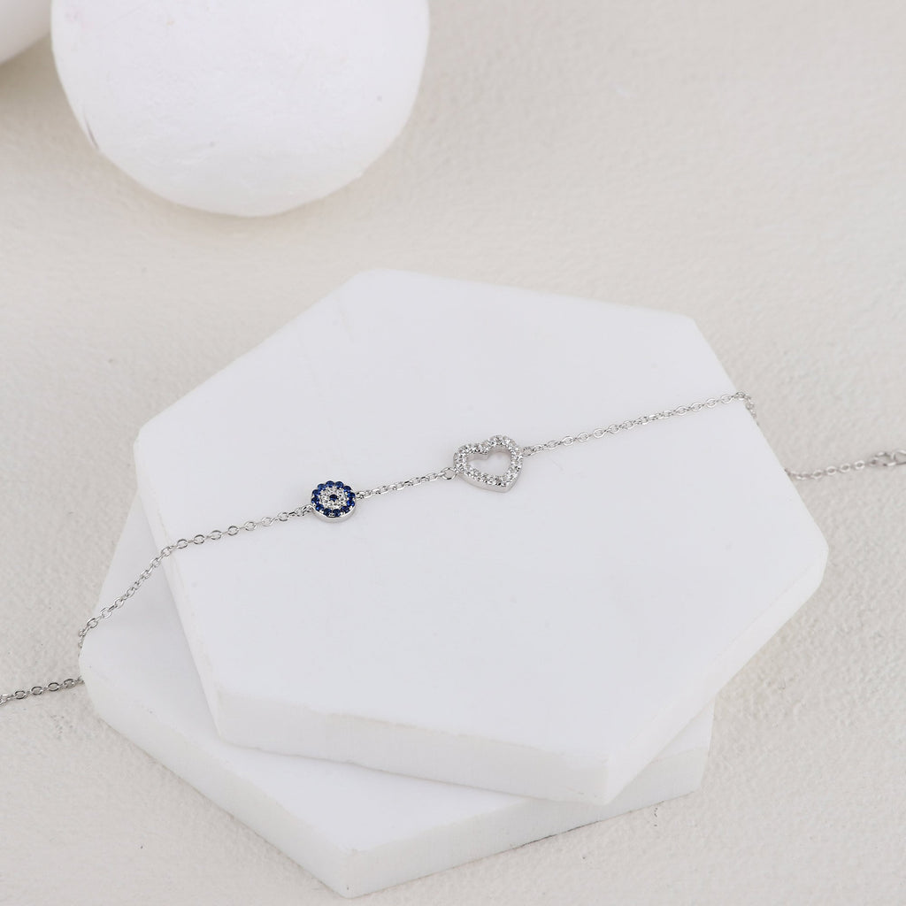 Sterling Silver Heart & Evil Eye Charm Bracelet