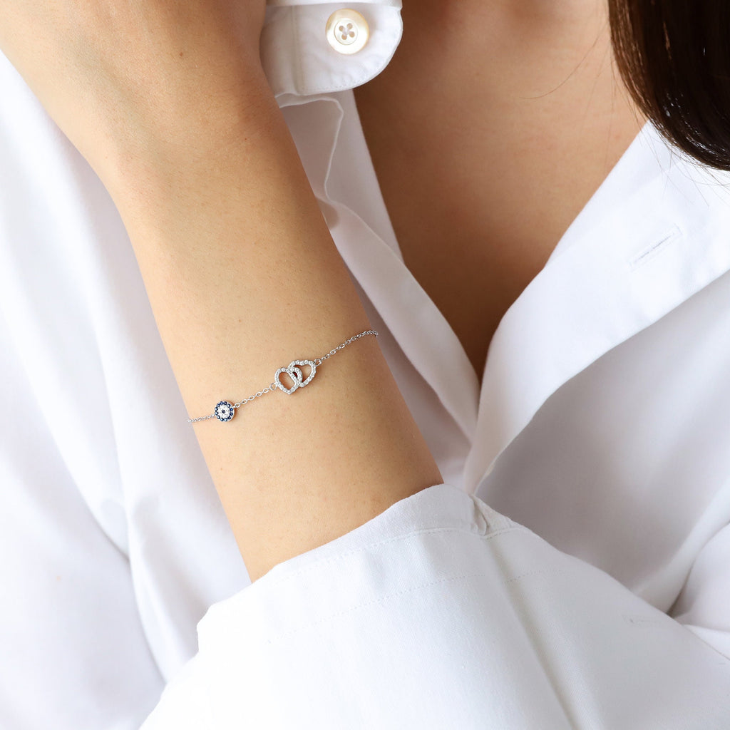 Double Heart Charm Bracelet CZ