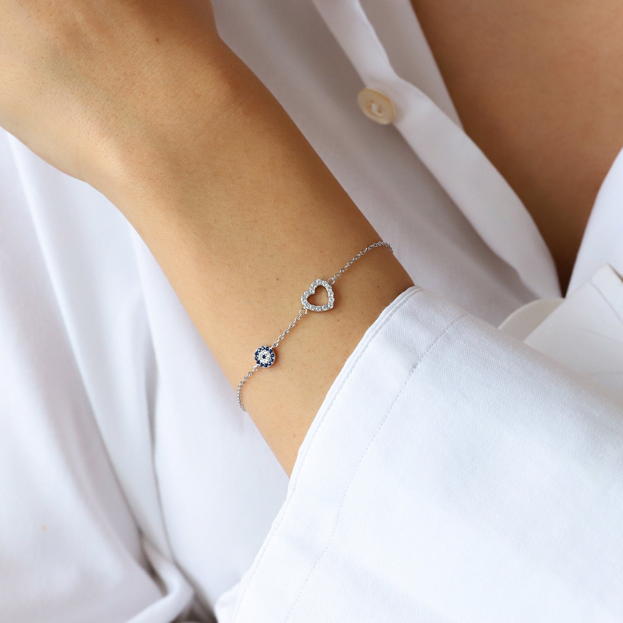 Sterling Silver Heart & Evil Eye Charm Bracelet