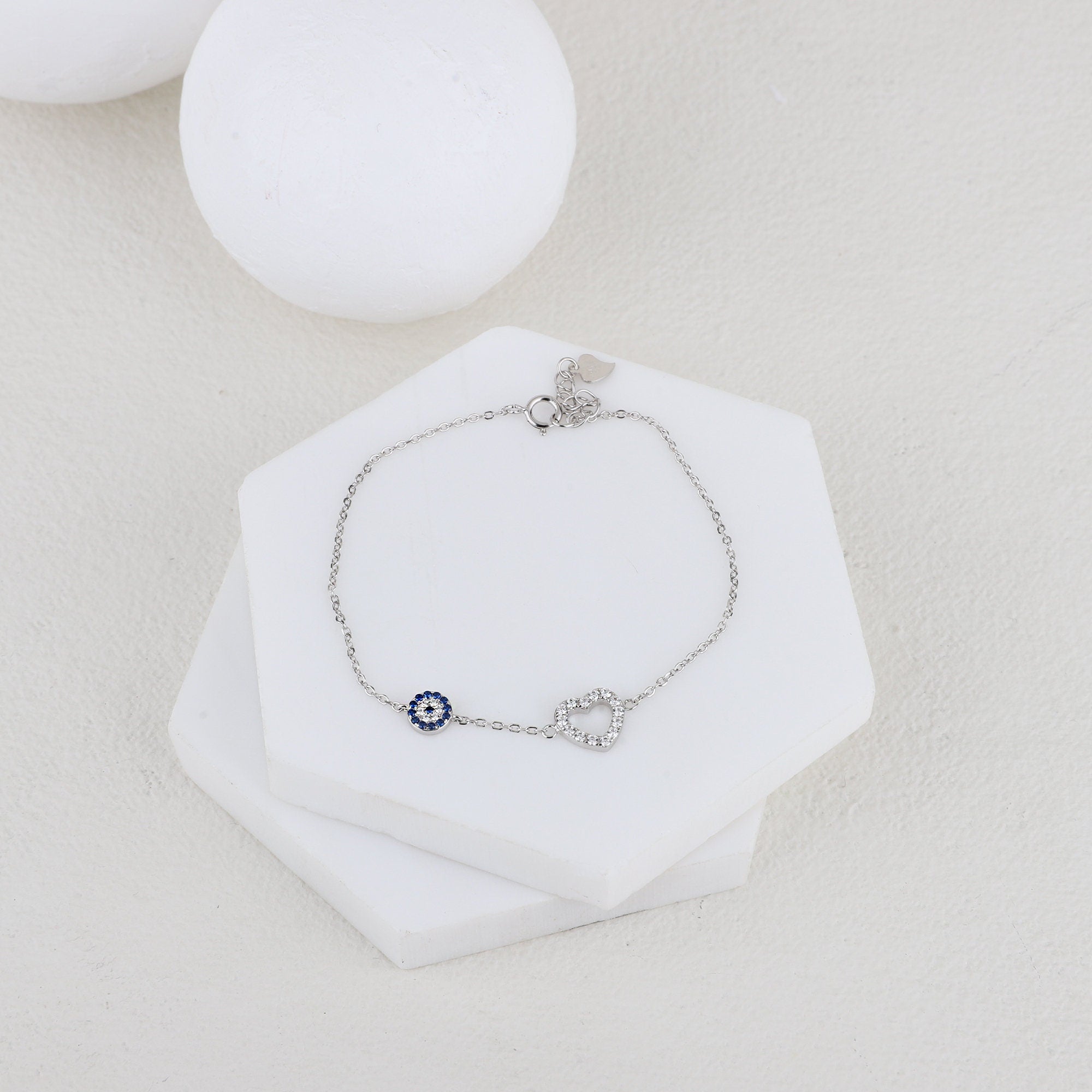 Sterling Silver Heart & Evil Eye Charm Bracelet
