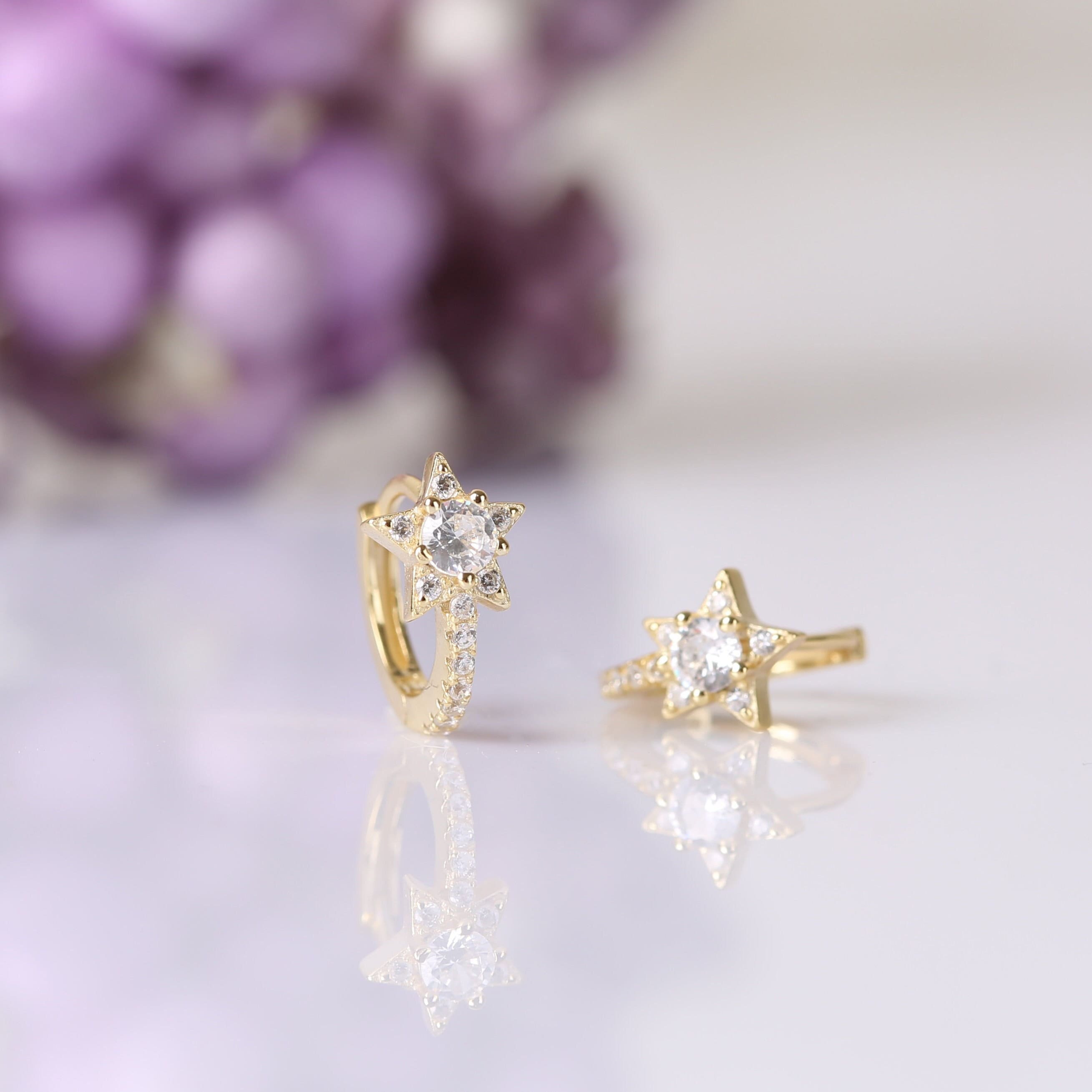 Tiny Pave Star Gold Huggie Hoop Earrings