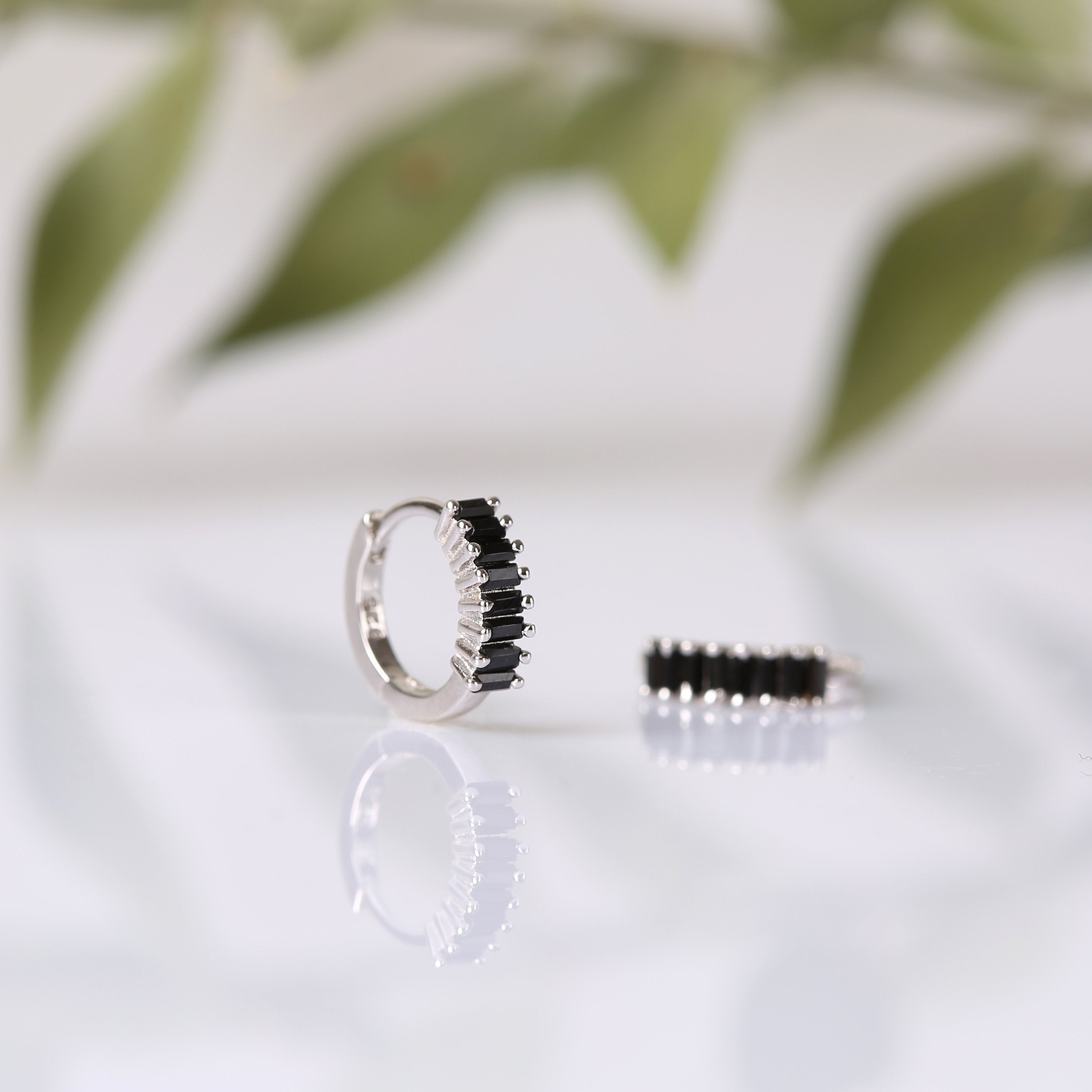 Sterling Silver Black Stone Baguette Huggie Hoop Earrings