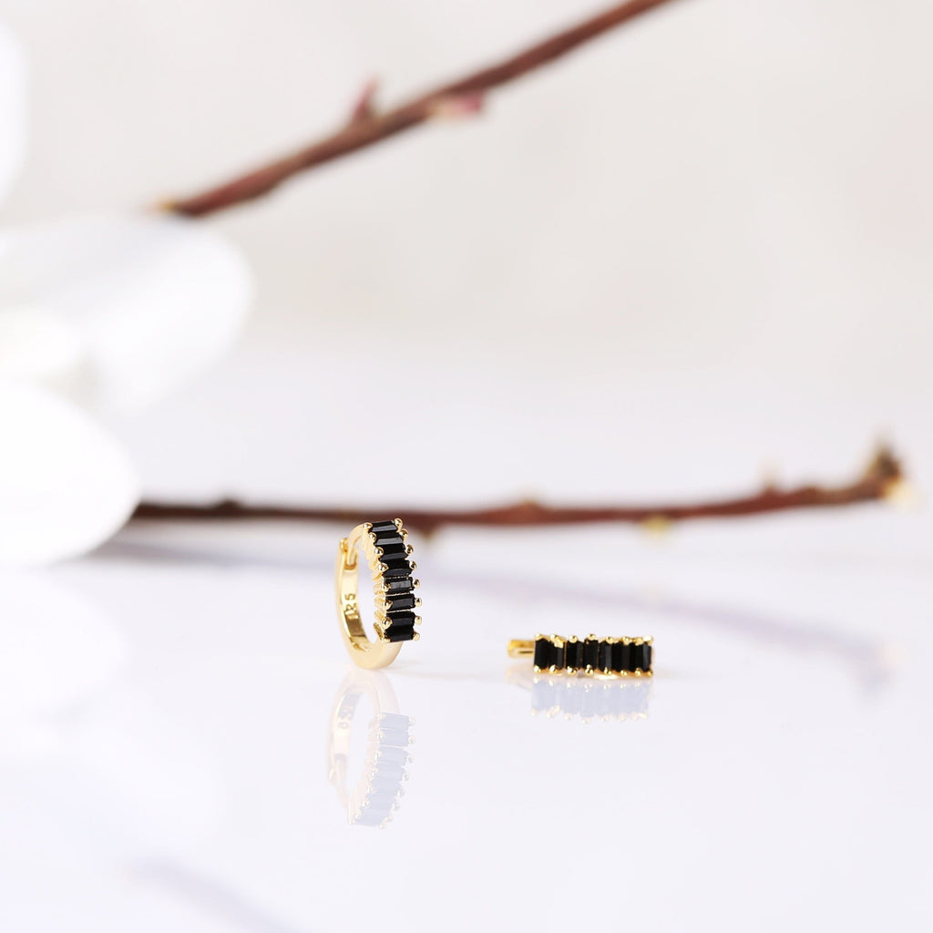 Sterling Silver Black Stone Baguette Huggie Hoop Earrings