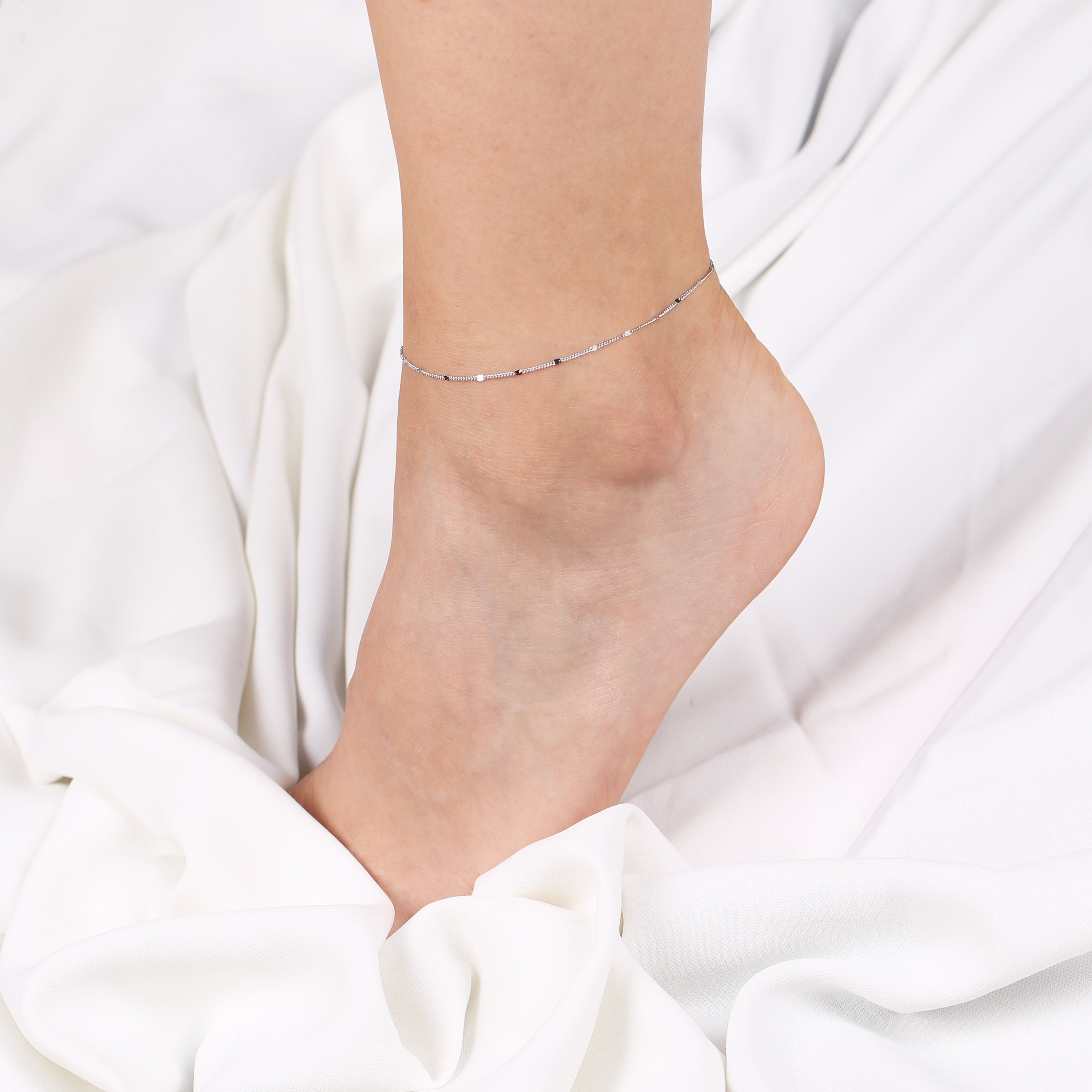 Sterling Silver Starlit Anklet: Thin Gold Cable Chain Ankle