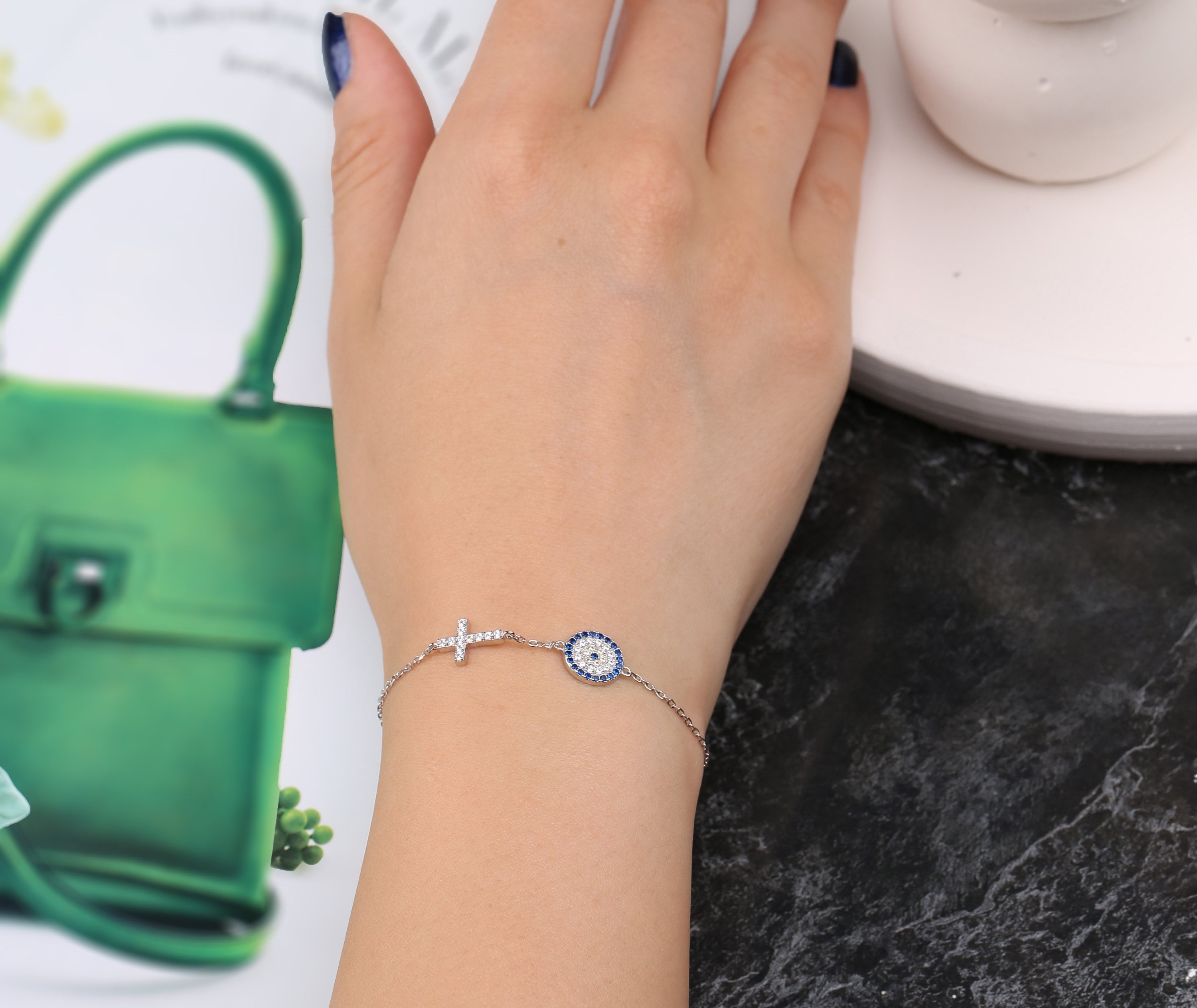 Gold Cross & Evil Eye Bracelet