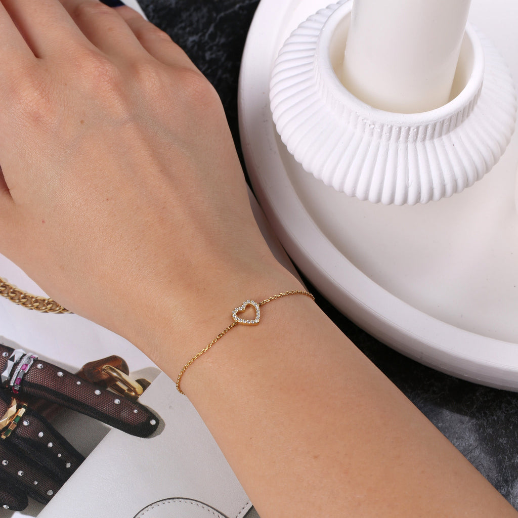 Tiny Pave Open Heart Charm Bracelet in Sterling Silver