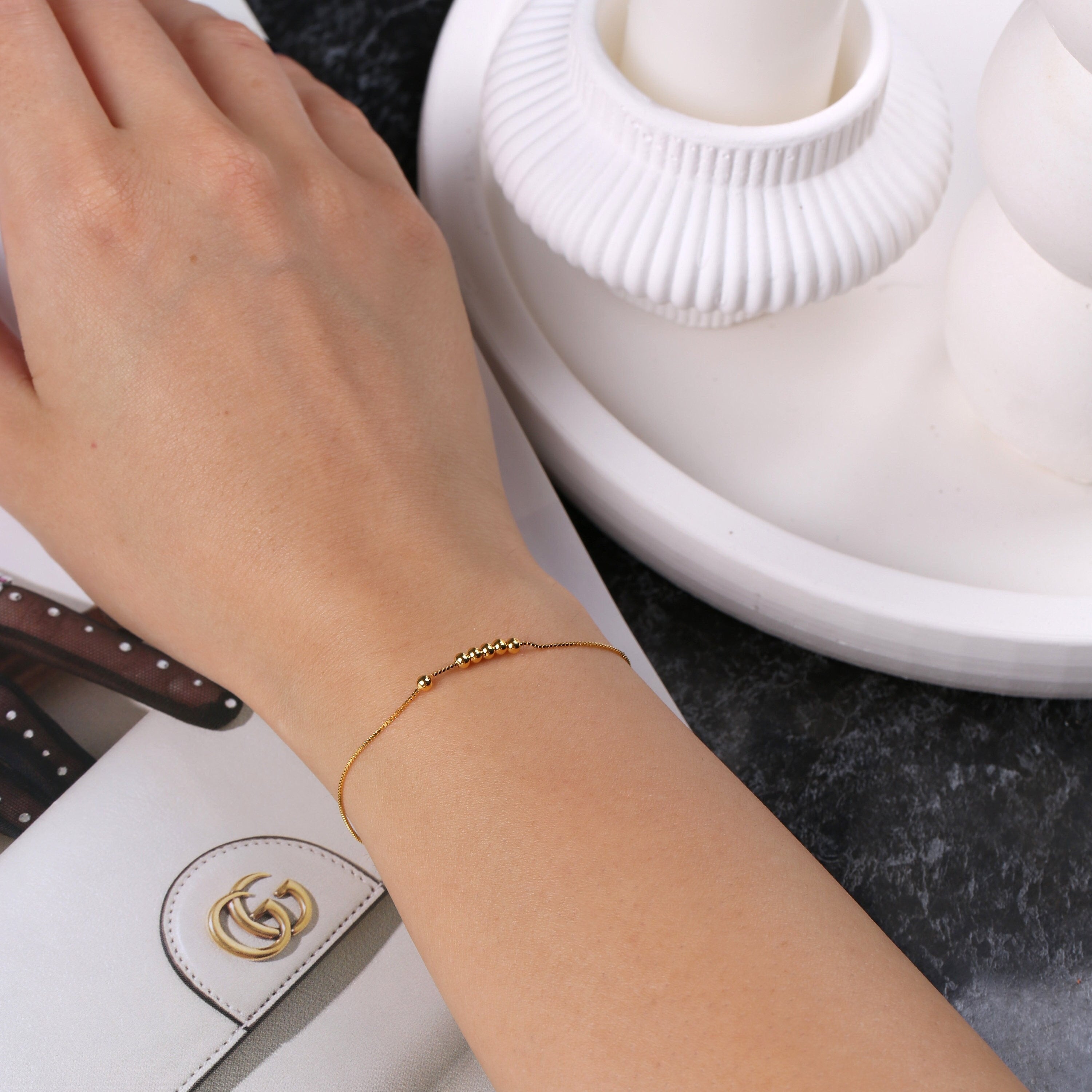 Dainty Gold Beaded Ball Satellite Chain Bracelet: 925