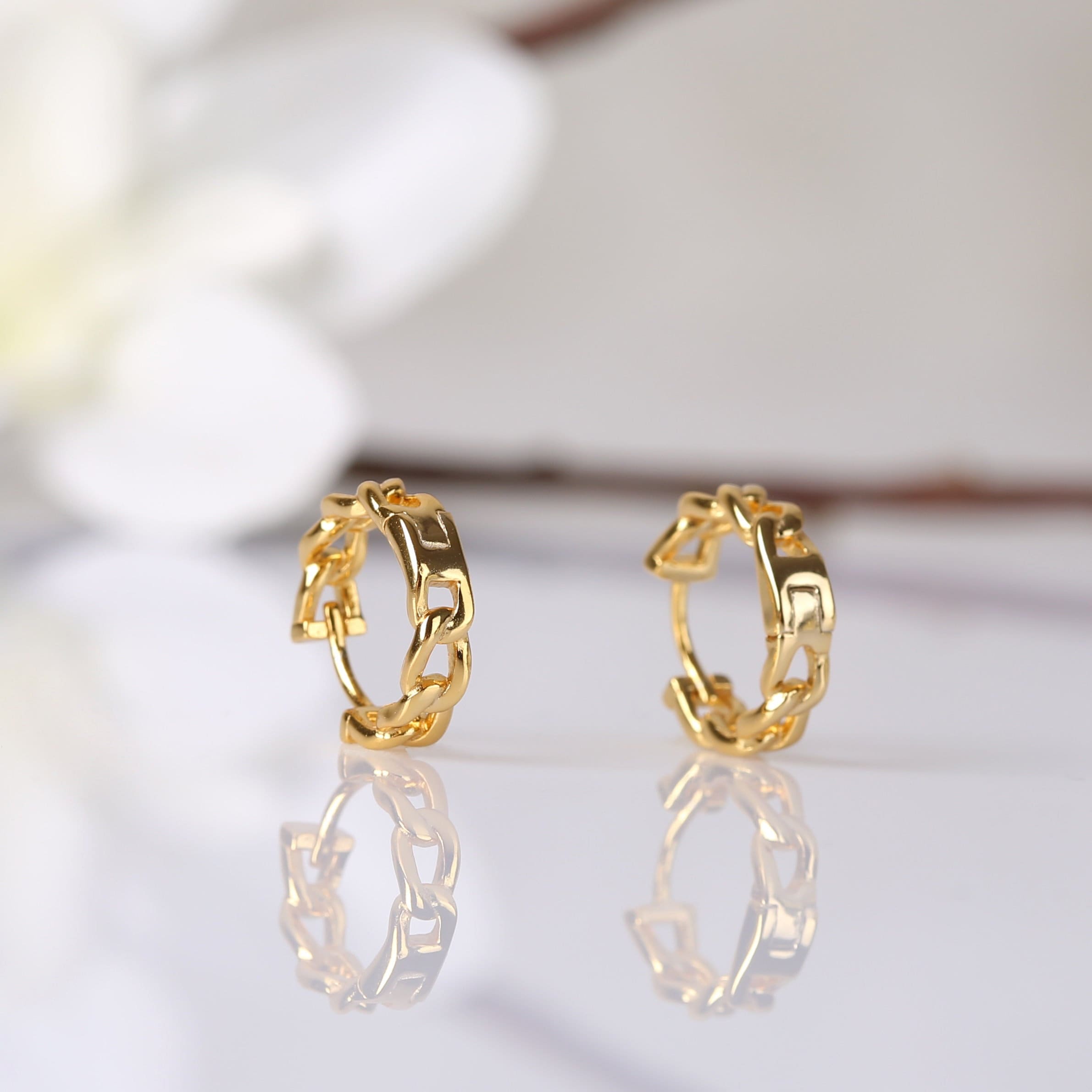Gold Curb Chain Huggie Hoop Earrings
