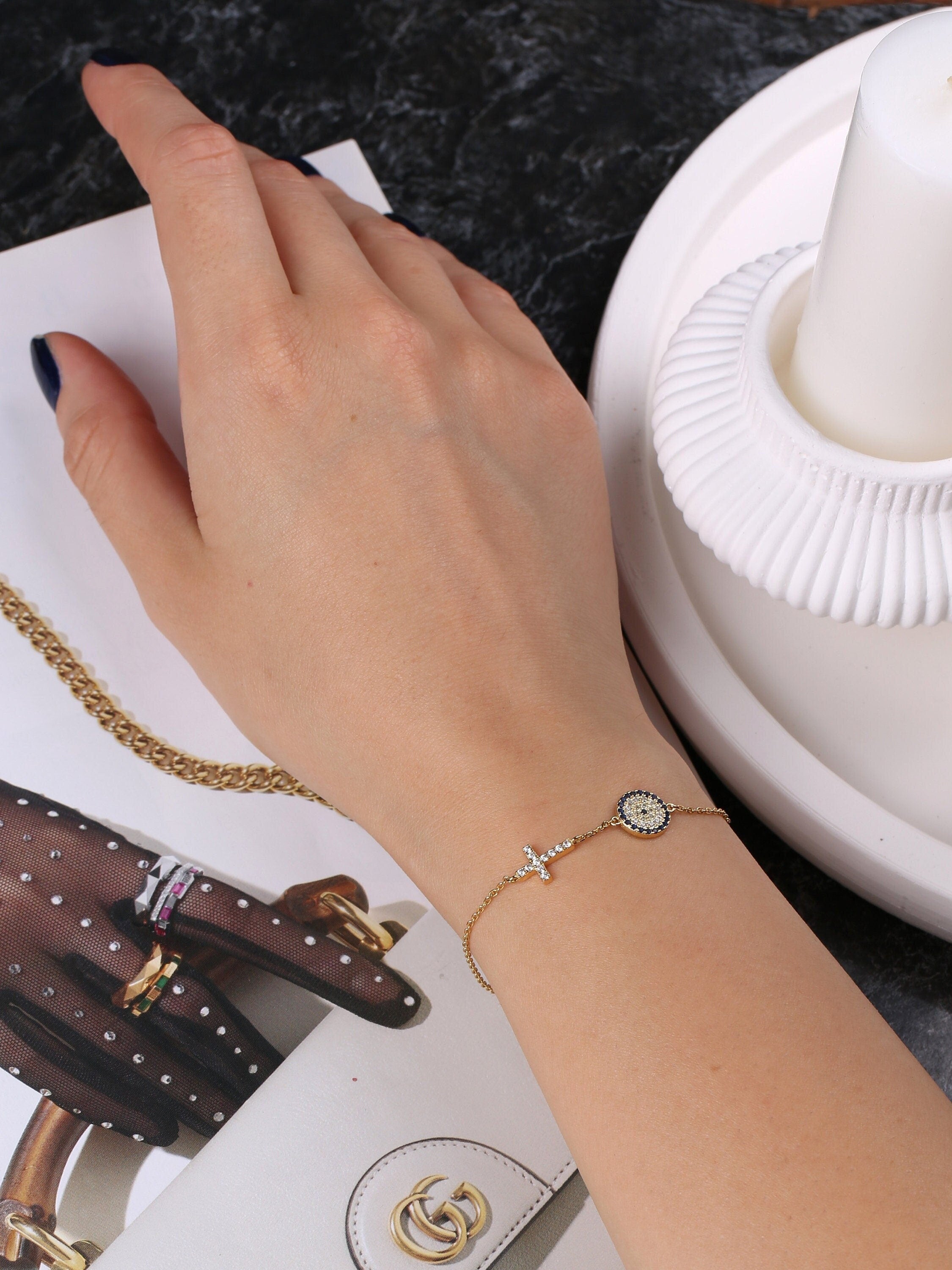 Sterling Silver Cross & Evil Eye Charm Bracelet - Dainty Gold