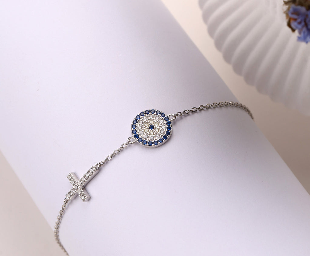 Sterling Silver Cross & Evil Eye Charm Bracelet - Dainty Gold