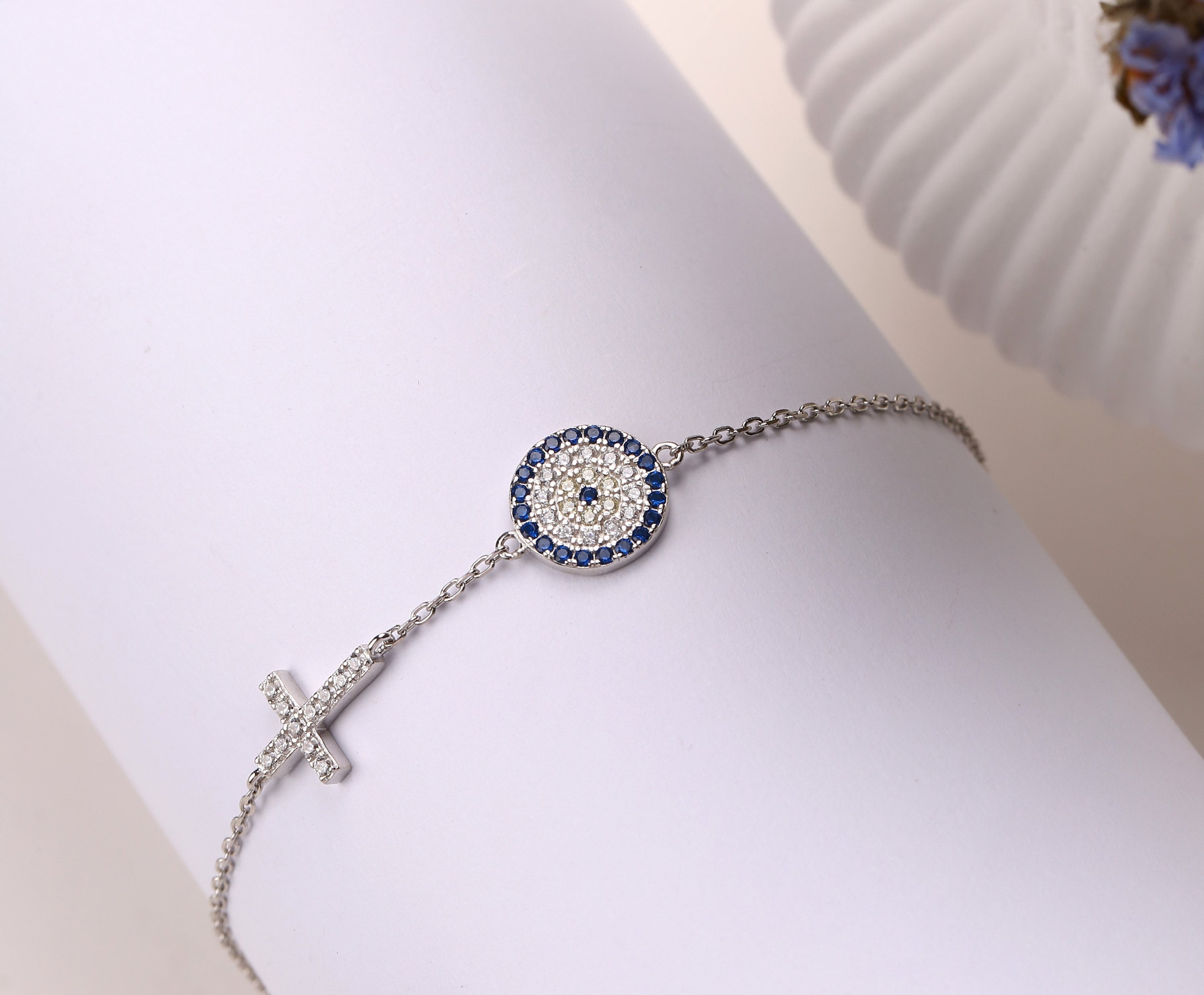 Sterling Silver Cross & Evil Eye Charm Bracelet - Dainty Gold