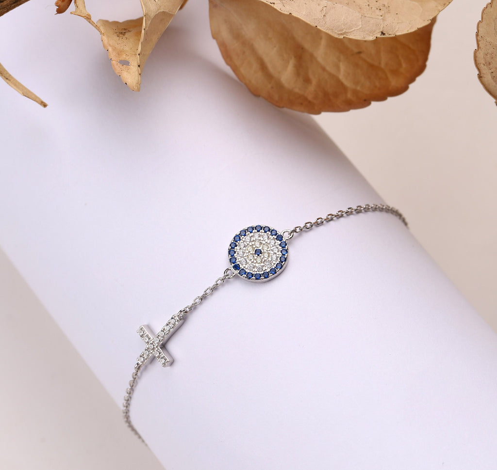 Sterling Silver Cross & Evil Eye Charm Bracelet - Dainty Gold