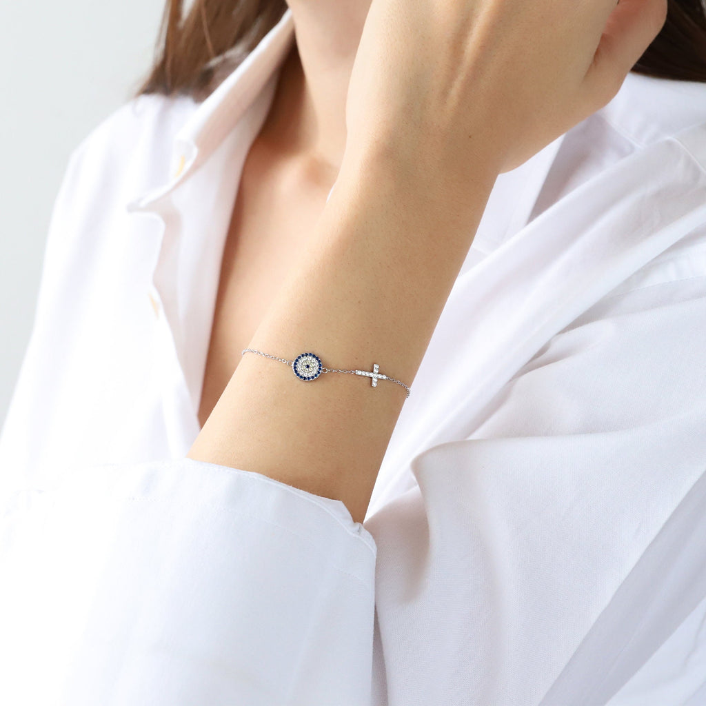 Sterling Silver Cross & Evil Eye Charm Bracelet - Dainty Gold
