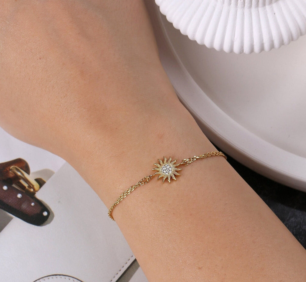 Gold Sun Charm Bracelet CZ