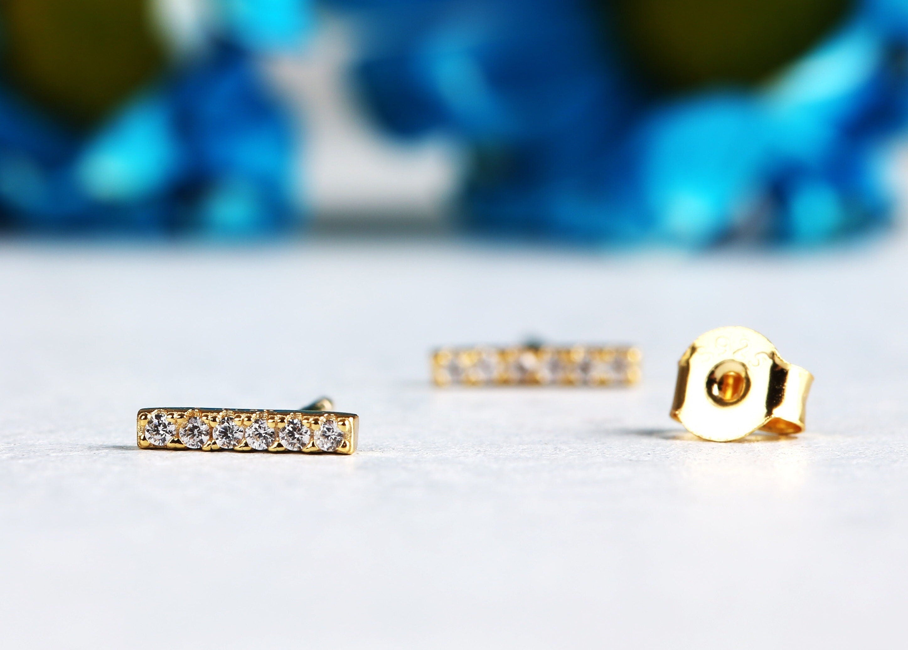 Sterling Silver Pave CZ Bar Stud Earrings