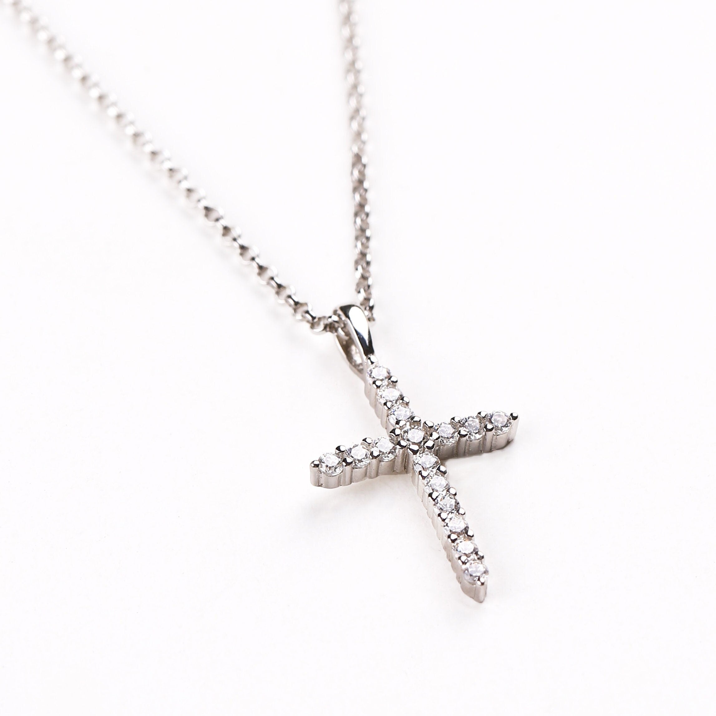 CZ Cross Necklace, Dainty Gold Silver Cross Pendant