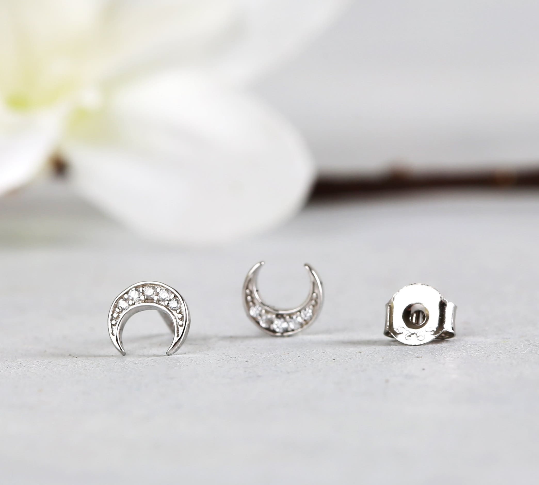 Dainty Crescent Moon CZ Stud Earrings