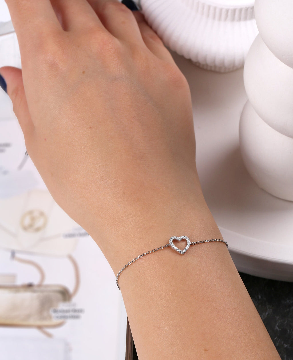 Tiny Pave Open Heart Charm Bracelet in Sterling Silver