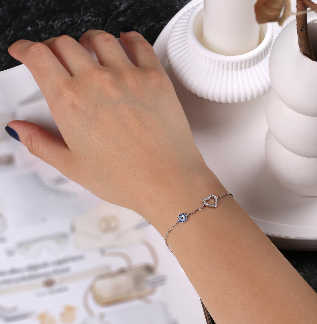 Tiny Pave Open Heart Charm Bracelet in Sterling Silver