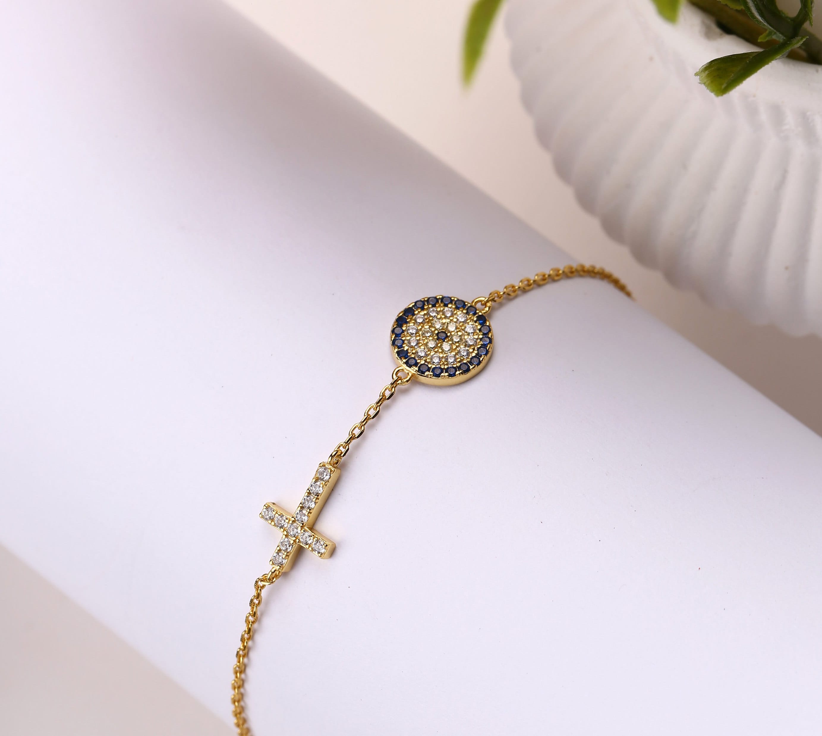 Sterling Silver Cross & Evil Eye Charm Bracelet - Dainty Gold