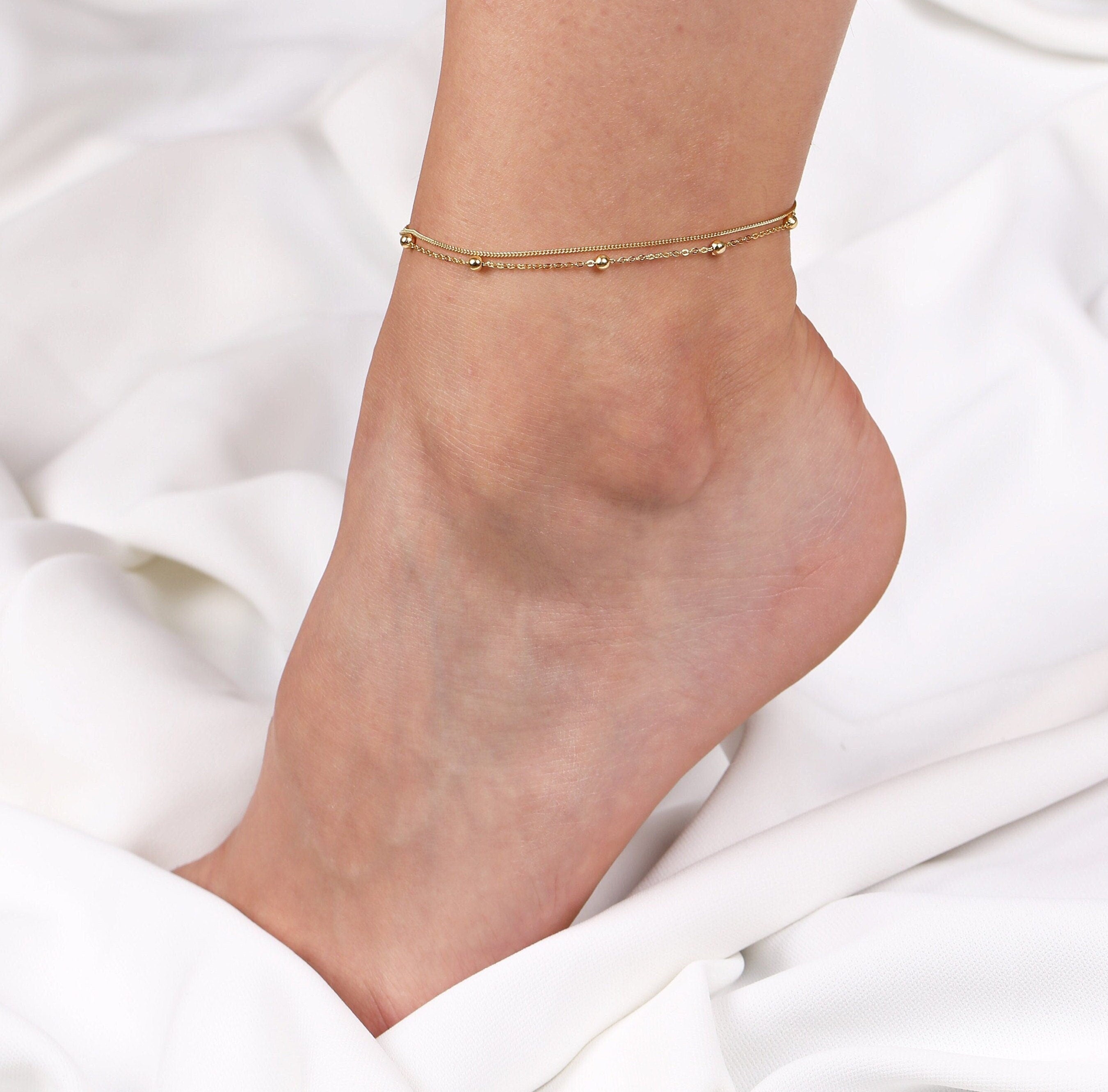 Gold Satellite Chain Anklet: Sterling Silver Double Layered