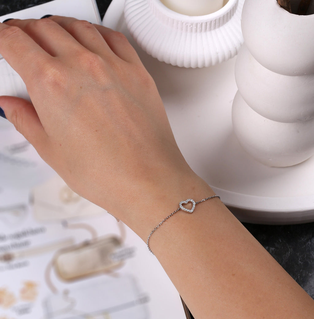 Tiny Pave Open Heart Charm Bracelet in Sterling Silver