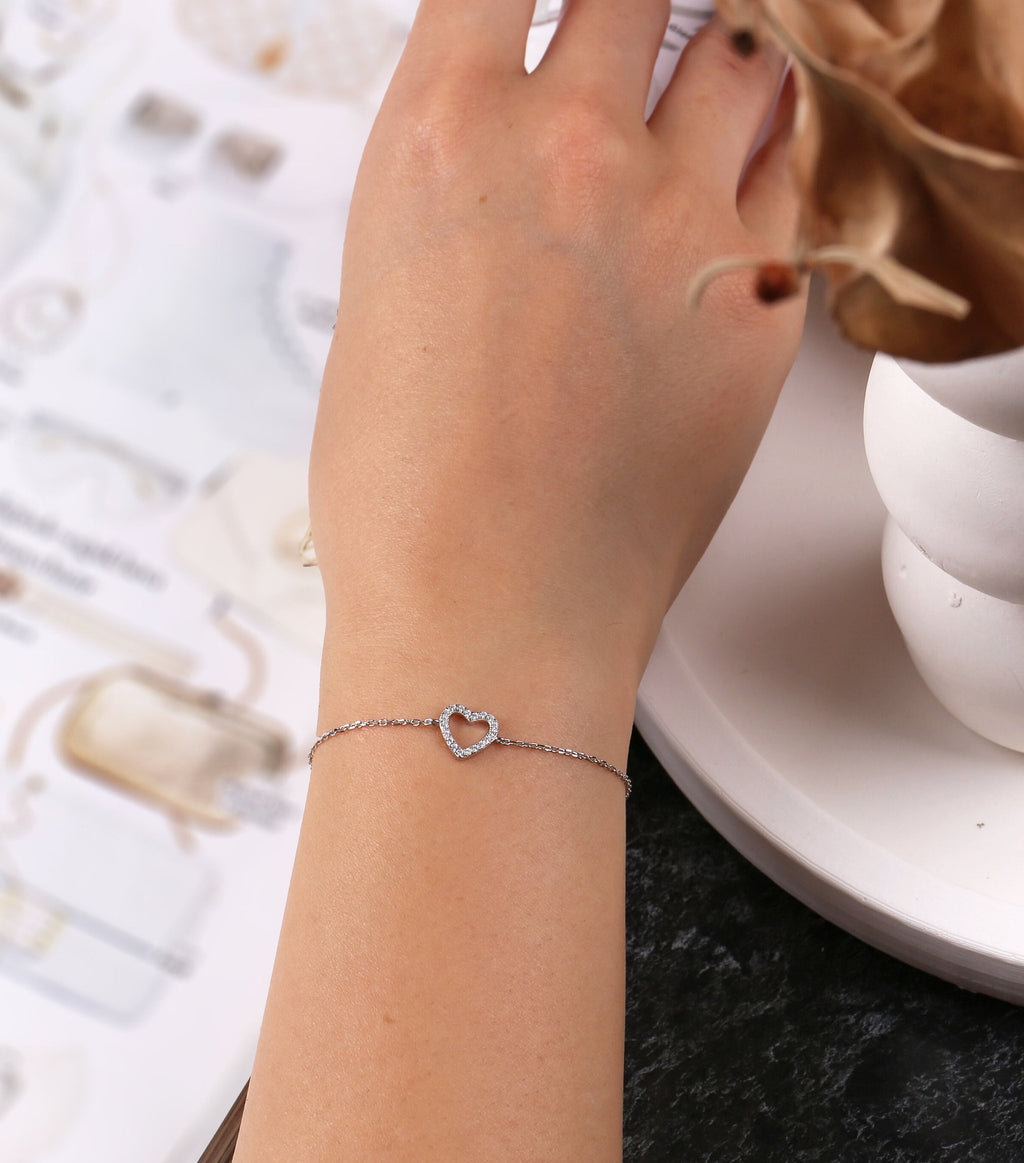 Tiny Pave Open Heart Charm Bracelet in Sterling Silver
