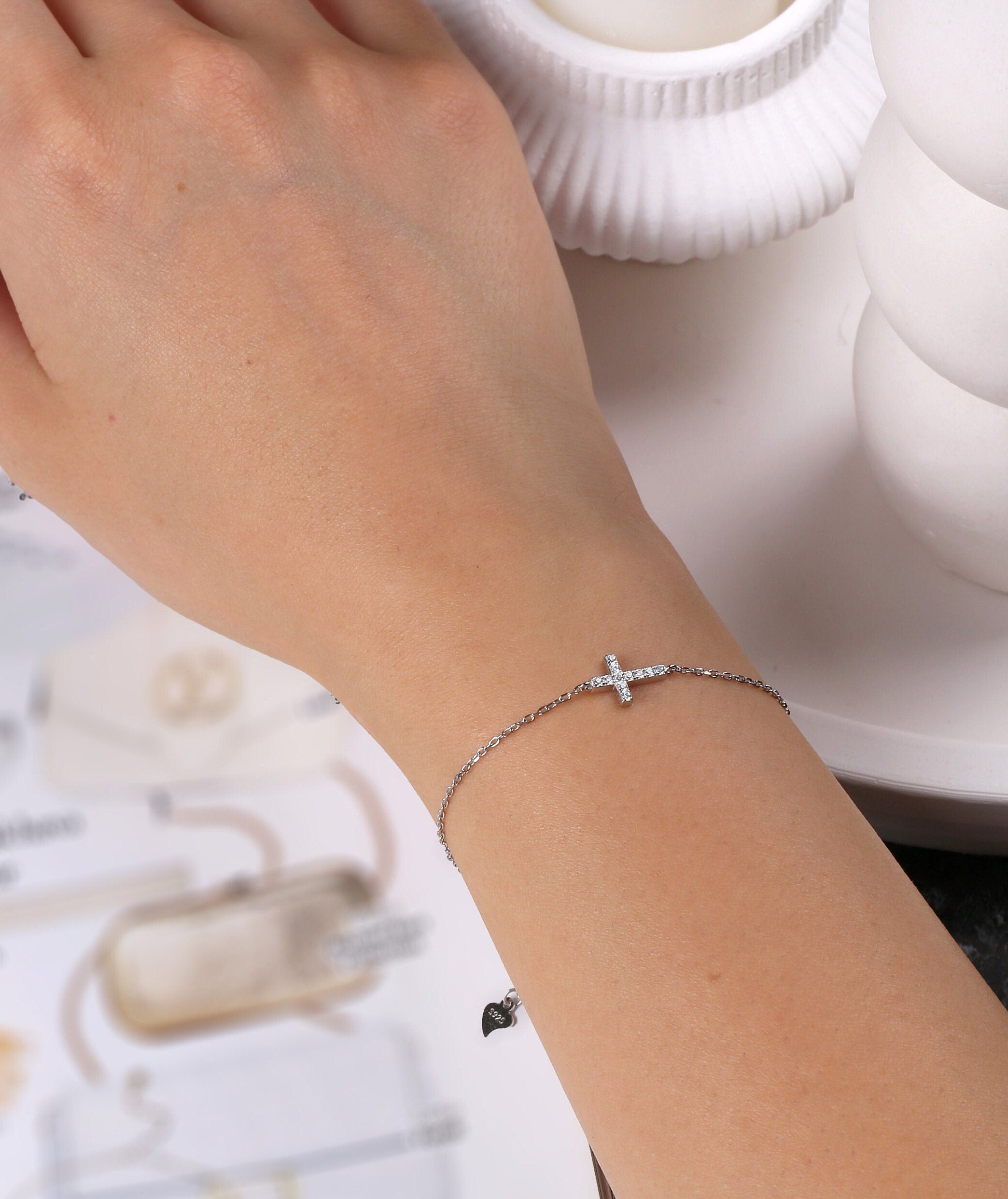 Sterling Silver Sideways Cross Bracelet