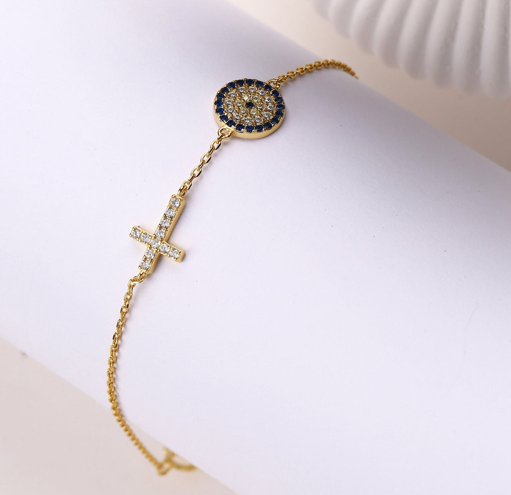Sterling Silver Cross & Evil Eye Charm Bracelet - Dainty Gold