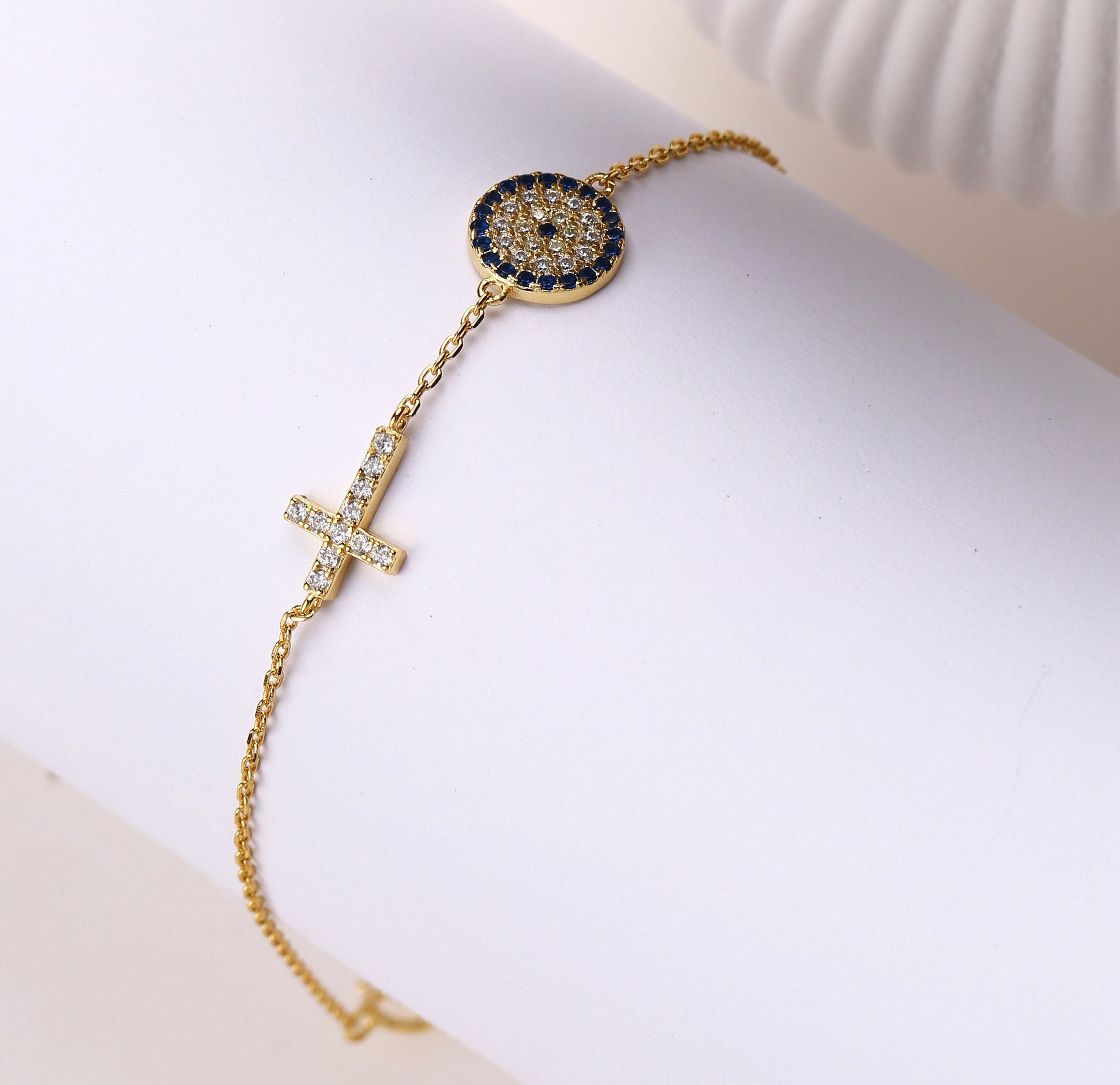 Sterling Silver Cross & Evil Eye Charm Bracelet - Dainty Gold