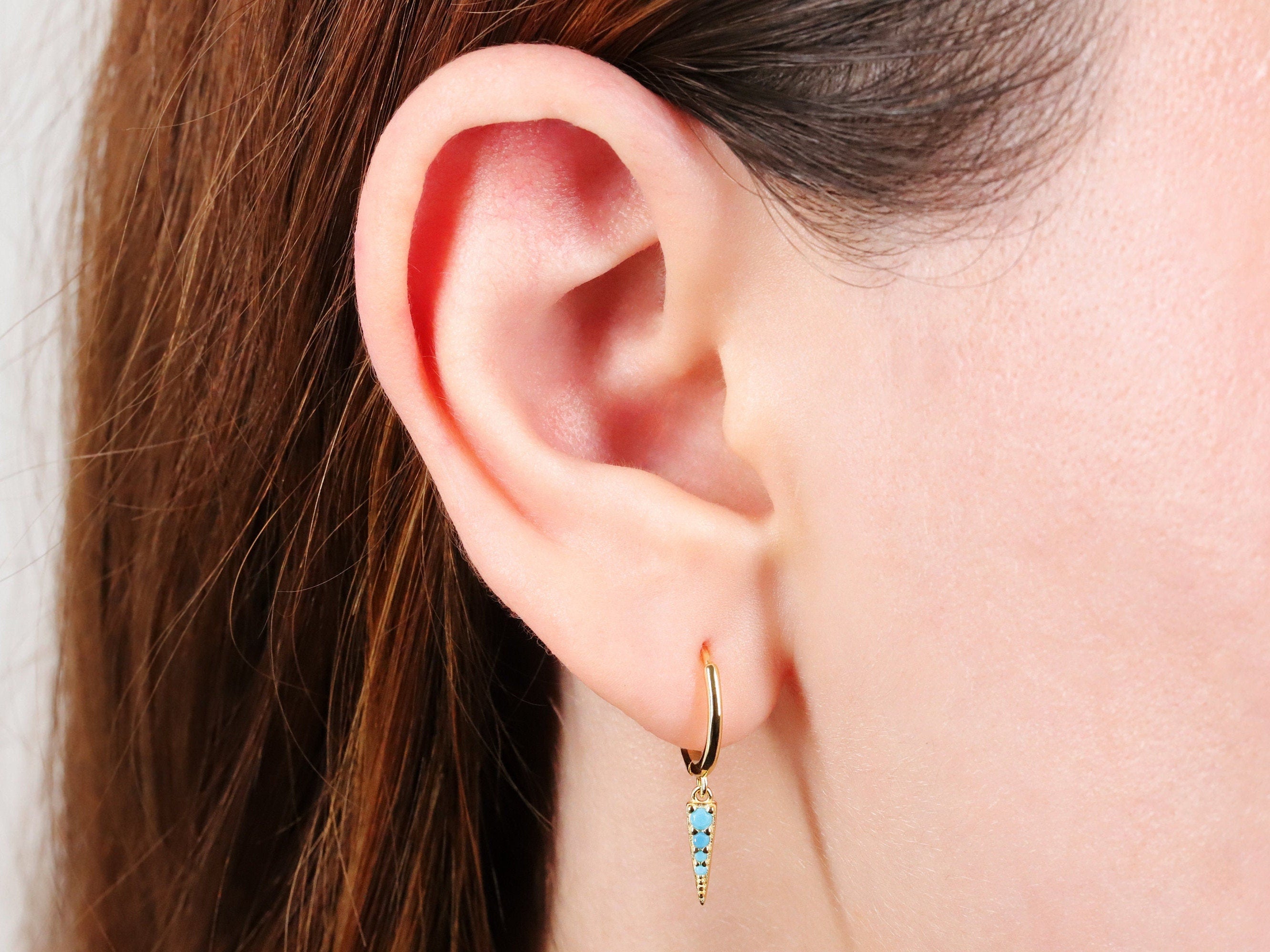 Turquoise Spike Shape Charm Huggie Drop Hoop Earrings