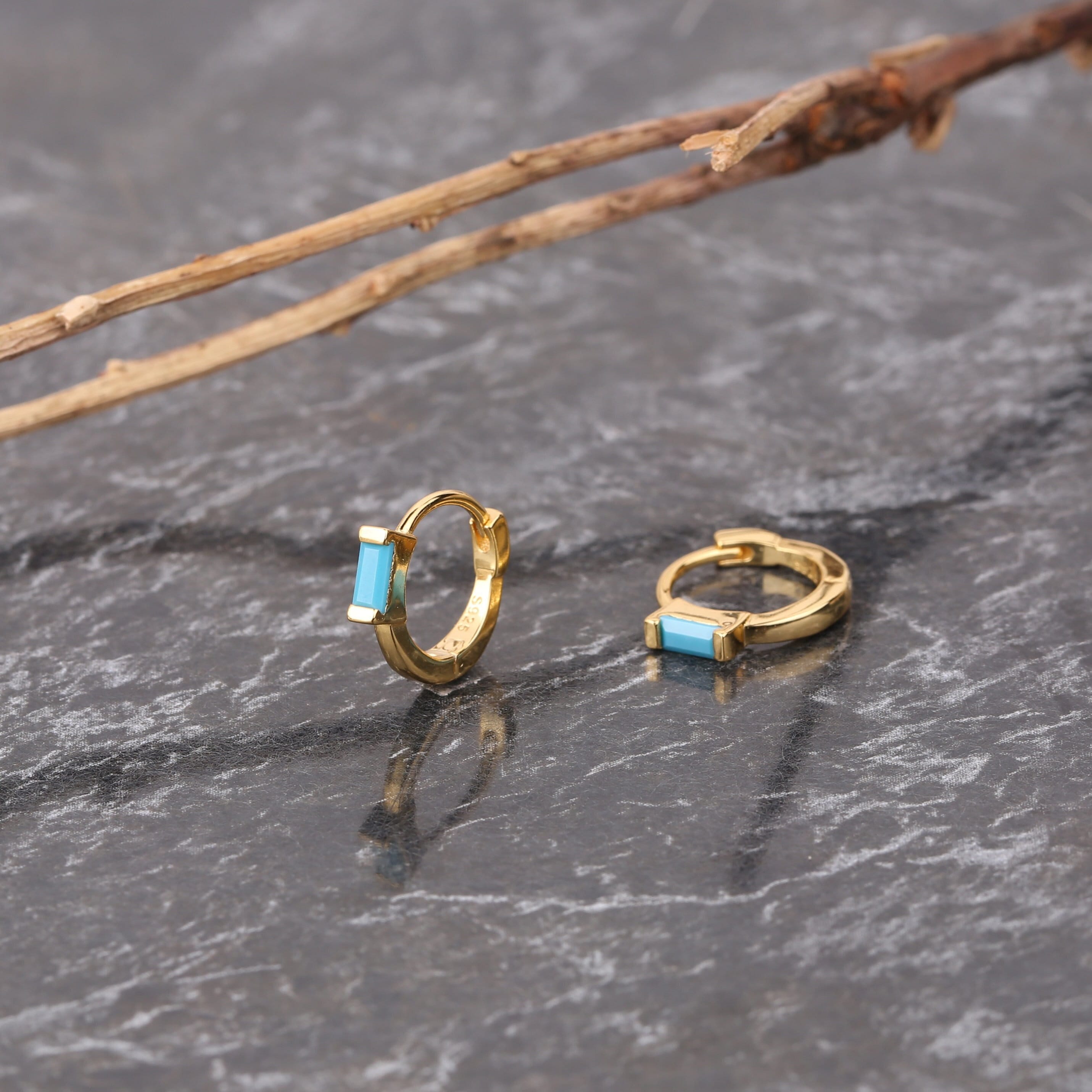 Turquoise Baguette Huggie Hoops Earrings