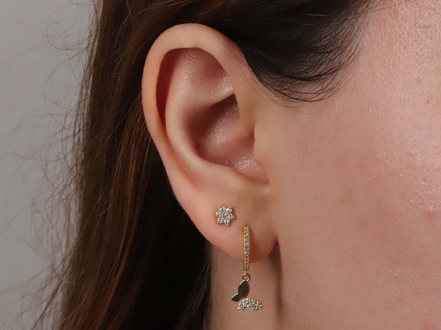 Gold Flower Stud Earrings CZ