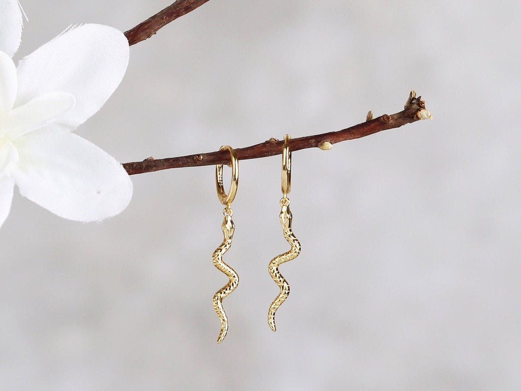 Long Snake Charm Dangle Huggie Hoop Earrings in Sterling