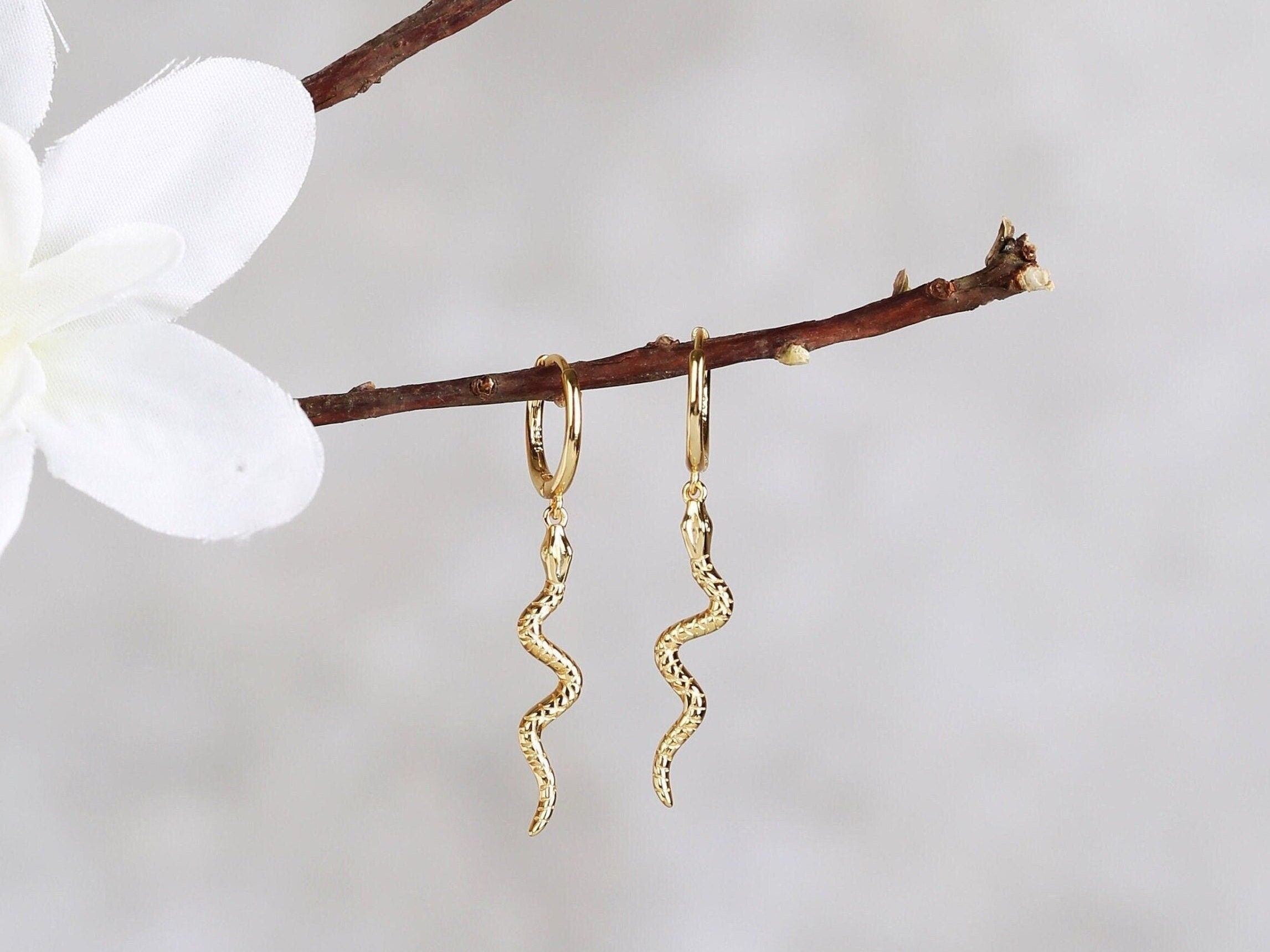 Long Snake Charm Dangle Huggie Hoop Earrings in Sterling