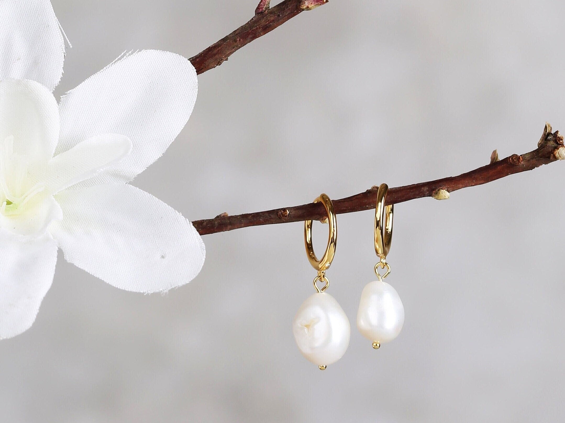 Gold Pearl Drop Huggie Hoop Earrings