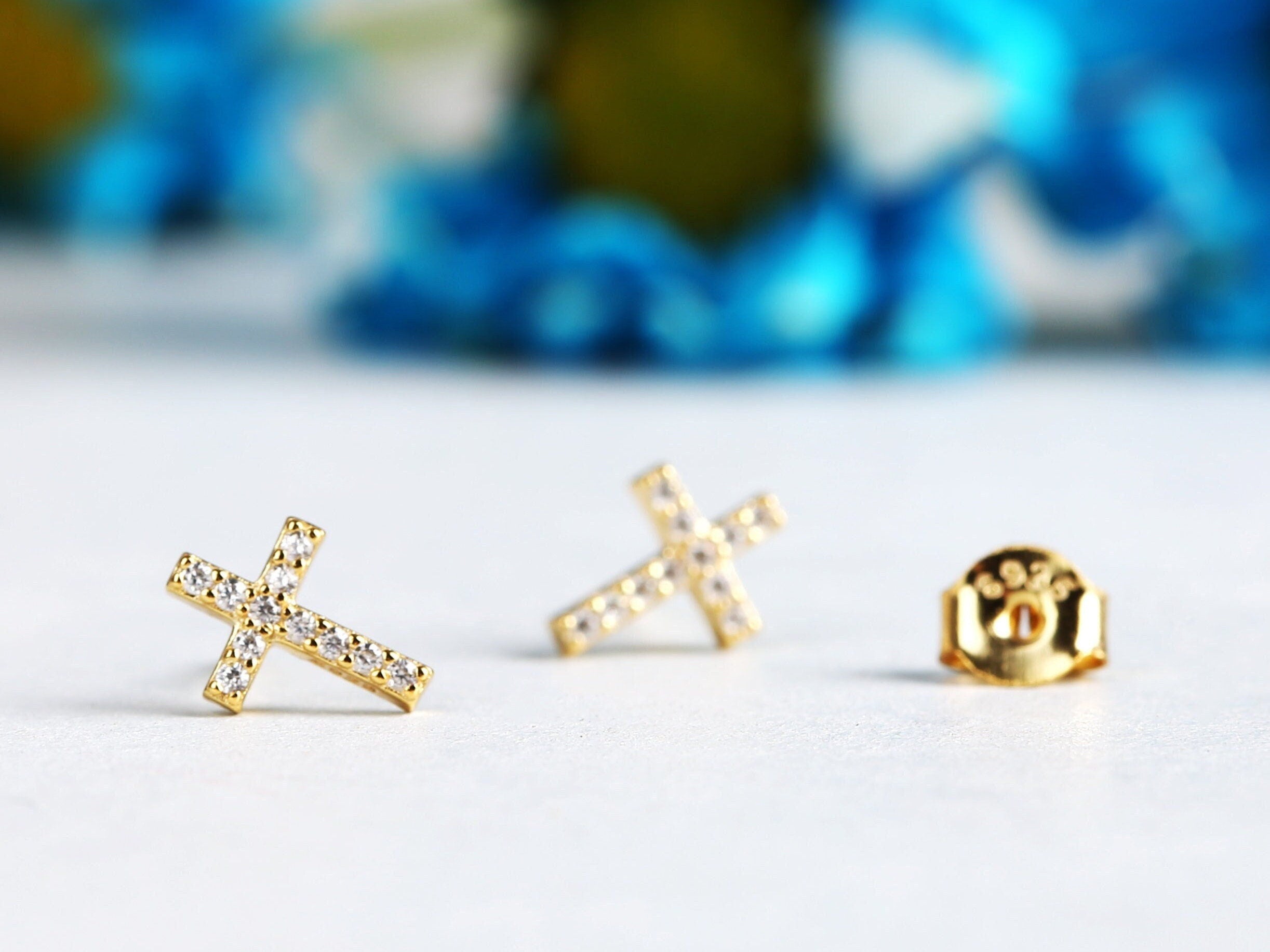 Tiny Sterling Silver Cross Stud Earring