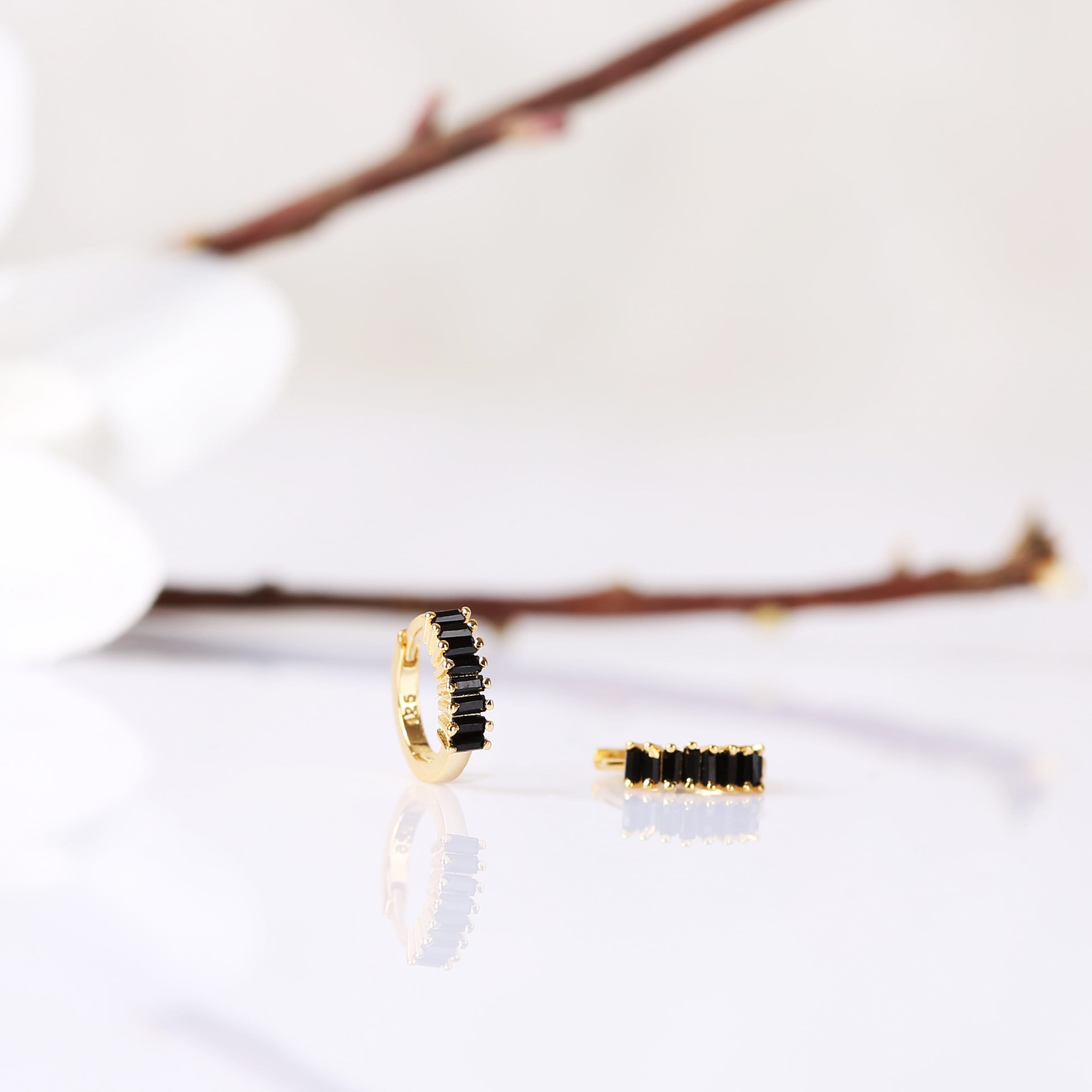 Gold Black Onyx Huggie Hoop & Stud Earrings Set