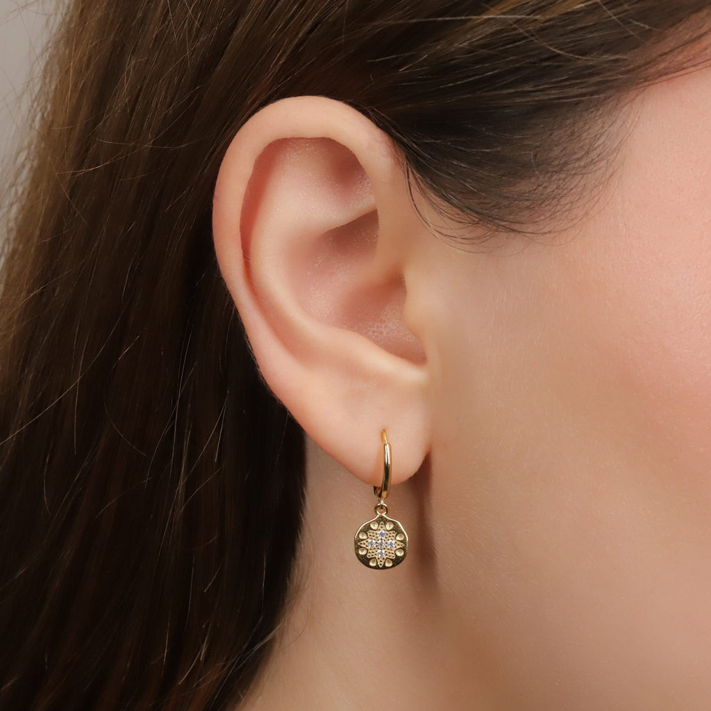 Starburst Disk Charm Dangle Hoop Earrings