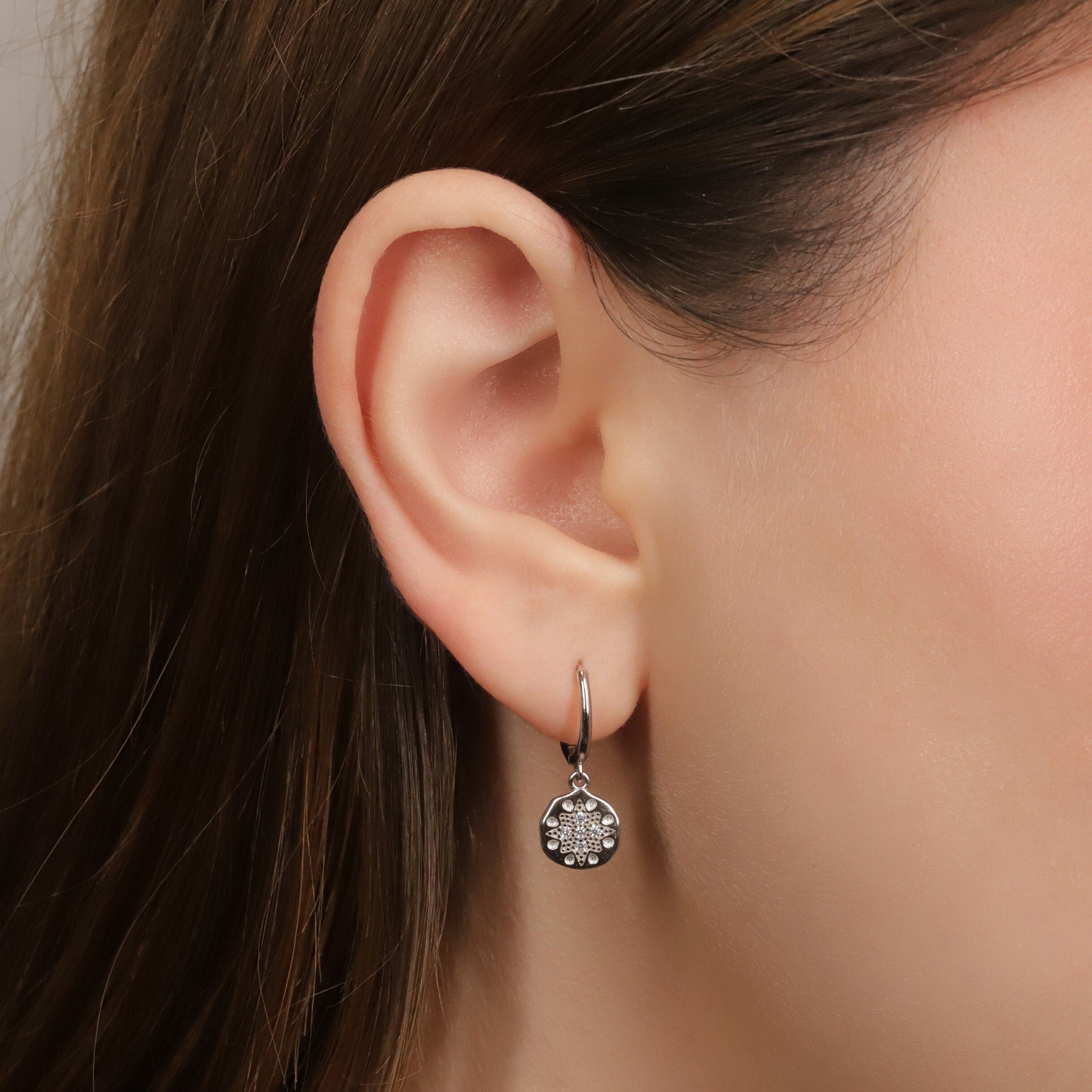 Starburst Disk Charm Dangle Hoop Earrings