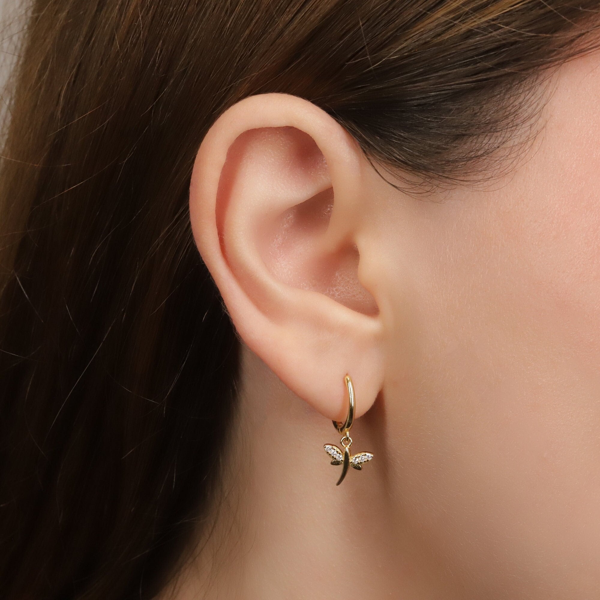 Tiny Dragonfly Dangle Hoop Earrings