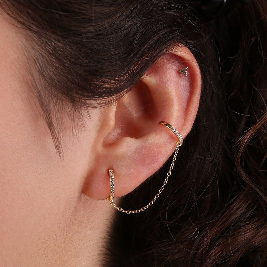 Gold Huggie and Cuff Diamond CZ Earring with Chain