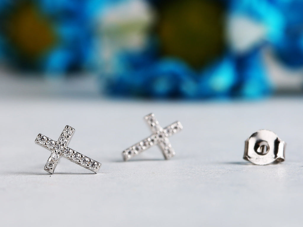 Tiny Sterling Silver Cross Stud Earring
