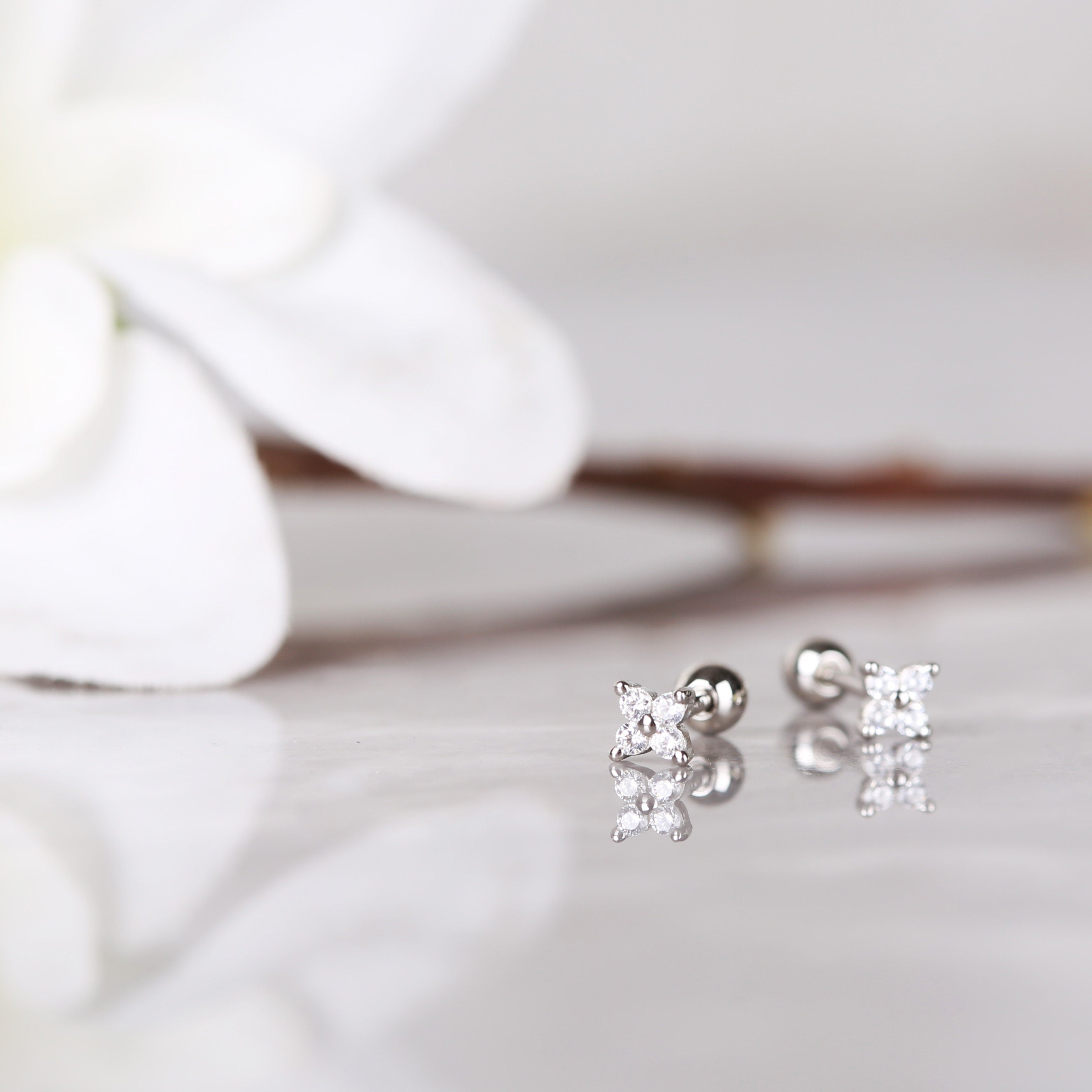Tiny Flower CZ Ball Back Stud Earrings