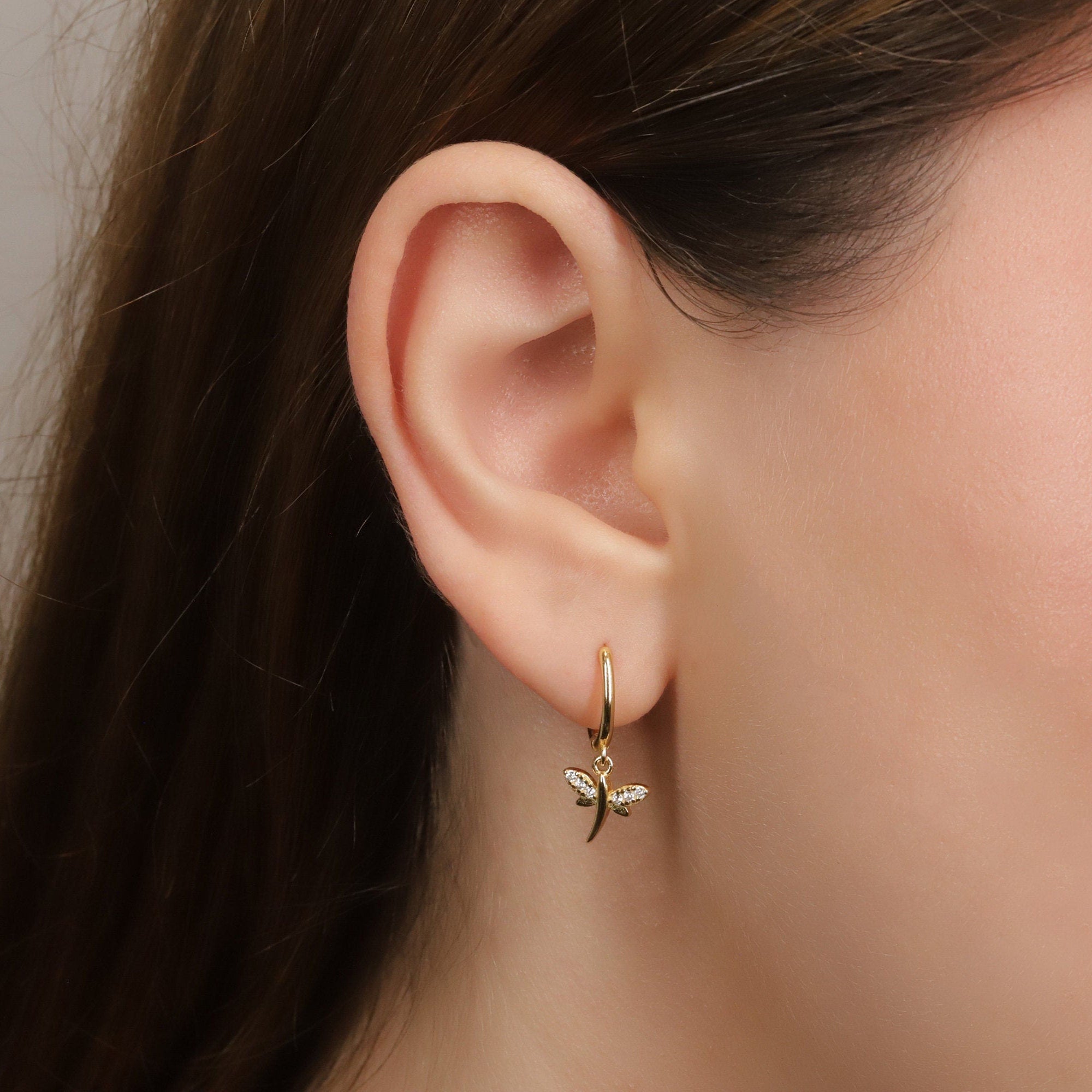 Tiny Dragonfly Dangle Hoop Earrings