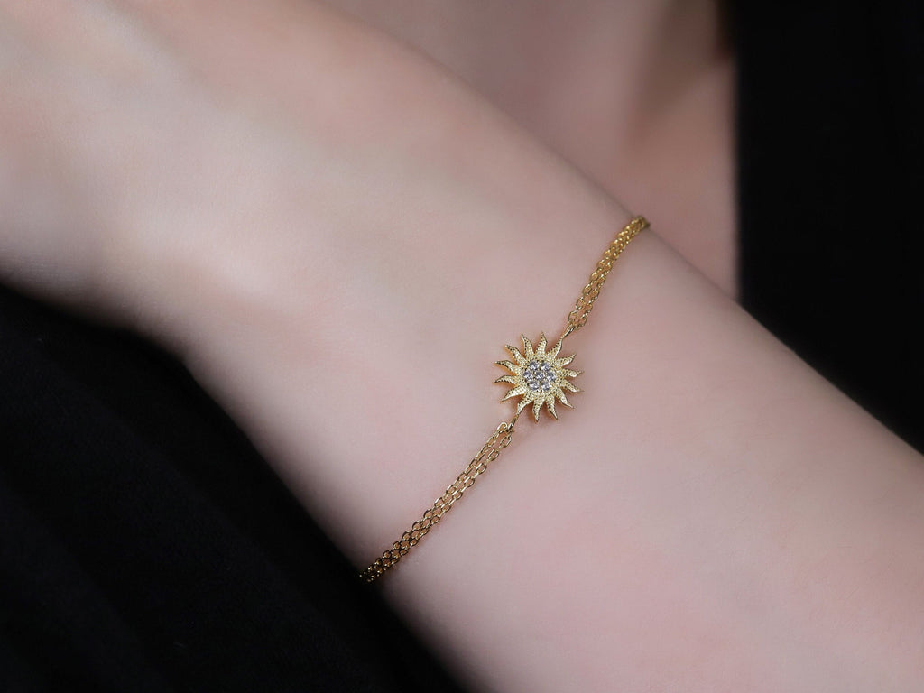 Gold Sun Charm Bracelet CZ