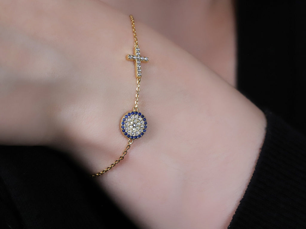 Gold Cross & Evil Eye Bracelet